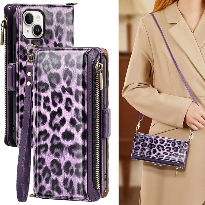 Antsturdy Compatible with iPhone 15 Wallet Case for Women【RFID Blocking】 Crossbody Phone Case PU Leather Zipper Wrist Strap Flip Cover Credit Card Holder Slots,for Apple 15 6.1",Leopard-Purple