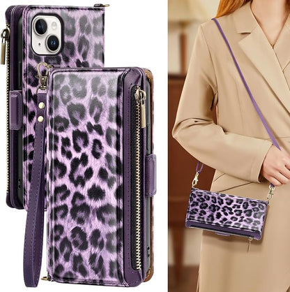 Antsturdy Compatible with iPhone 15 Wallet Case for Women【RFID Blocking】 Crossbody Phone Case PU Leather Zipper Wrist Strap Flip Cover Credit Card Holder Slots,for Apple 15 6.1",Leopard-Purple