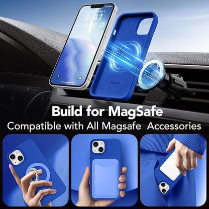 GONEZ Magnetic for iPhone 14 Case, Compatible with Magsafe, with Screen Protector + Camera Protector, Anti-Scratch Microfiber Lining, Liquid Silicone Shockproof Protective Phone Case, Klein Blue