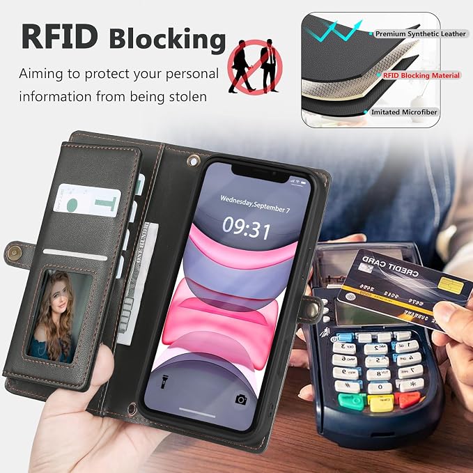 Wallet Case for iPhone 11 with Card Holder/Crossbody Wallet/Strap| RFID Blocking | Magnetic | Kickstand | Detachable | PU Leather Phone Case for iPhone 11,6.1 in,Black