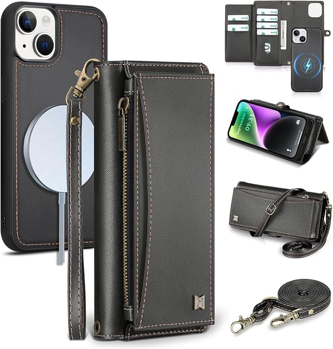 Wallet Case for iPhone 14 with Card Holder/Crossbody Wallet/Strap| RFID Blocking | Magnetic | Kickstand | Detachable | PU Leather Phone Case for iPhone 14,6.1 in,Black