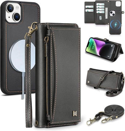 Wallet Case for iPhone 14 with Card Holder/Crossbody Wallet/Strap| RFID Blocking | Magnetic | Kickstand | Detachable | PU Leather Phone Case for iPhone 14,6.1 in,Black