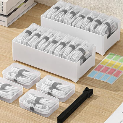 2 Pack Cable Organizer Box with 14 Clear Switch Case, Cable Straps and Label Stickers, Travel Cord Organizer for Charging Cables, USB Wires, Earphones – Drawer Organization for Home & Office