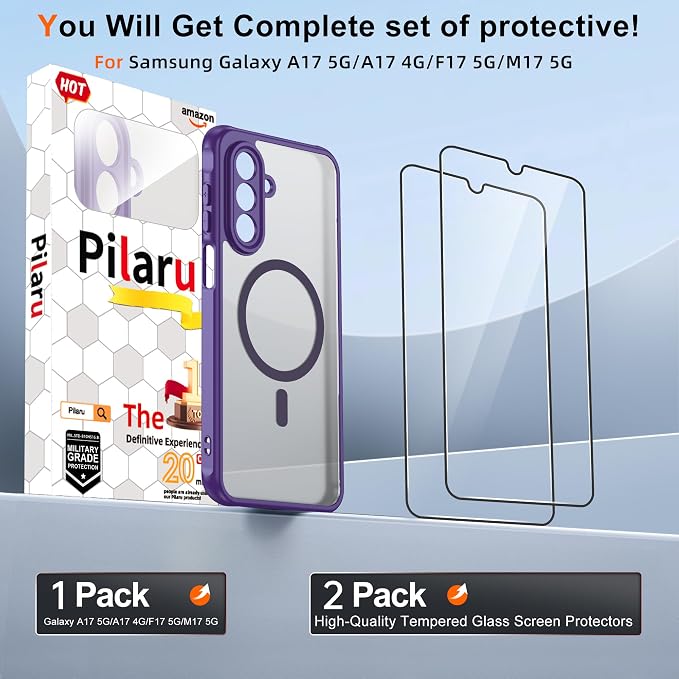 for Galaxy A17 5G Phone Case: Samsung A17 Phone Case with 2PC Tempered Glass Screen Protector, Wireless Charging Samsung A17 5G Case Matte Translucent Soft-Touch & Shockproof Funda para A 17,Purple