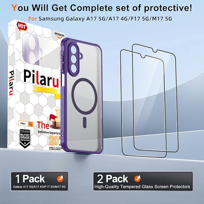 for Galaxy A17 5G Phone Case: Samsung A17 Phone Case with 2PC Tempered Glass Screen Protector, Wireless Charging Samsung A17 5G Case Matte Translucent Soft-Touch & Shockproof Funda para A 17,Purple