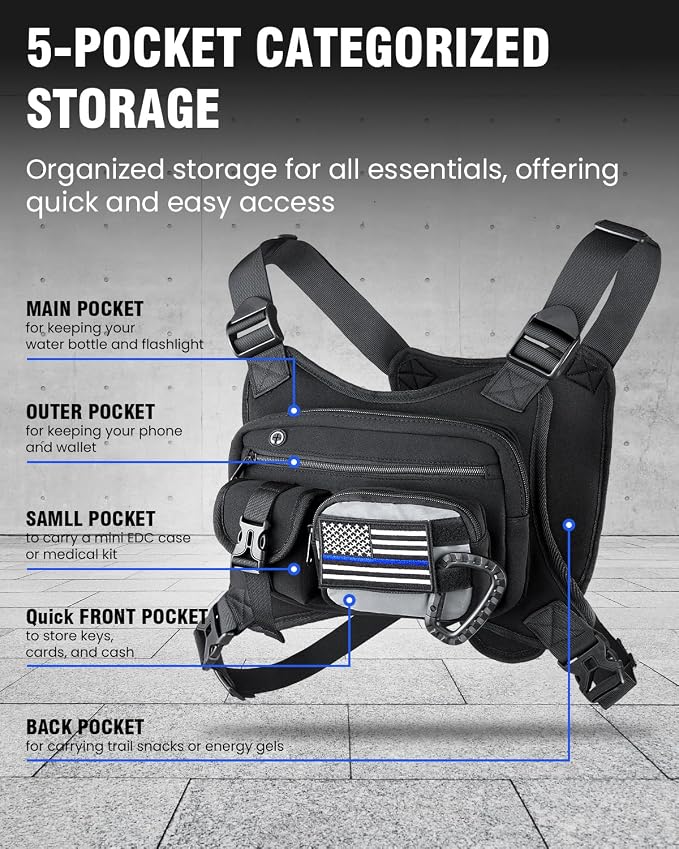 Chest Pack for Men Women - Tactical Vest for Outdoor, Adjustable Sport Chest Bag with Phone Holder & Extra Storage for Running, Cycling, EDC, Lightweight Running Backpack for Workouts