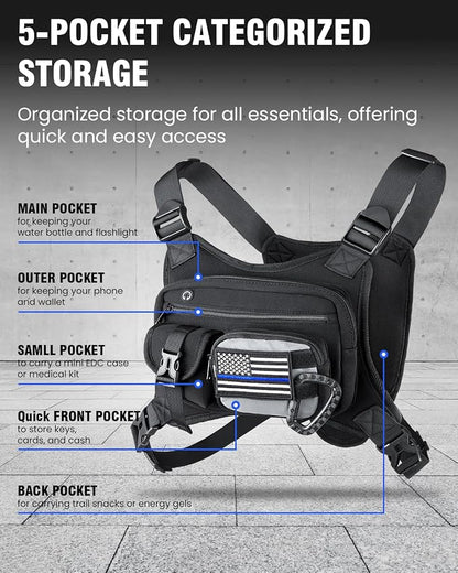 Chest Pack for Men Women - Tactical Vest for Outdoor, Adjustable Sport Chest Bag with Phone Holder & Extra Storage for Running, Cycling, EDC, Lightweight Running Backpack for Workouts