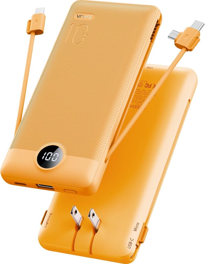 VRURC Portable Charger, Power Bank Built-in Cables and AC Wall Plug | USB C Power Bank 10000mAh Travel Essentials Phone Charger Compact External Battery Pack For Smart Phones, Tablets etc-Orange