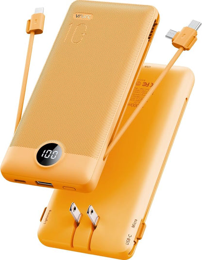 VRURC Portable Charger, Power Bank Built-in Cables and AC Wall Plug | USB C Power Bank 10000mAh Travel Essentials Phone Charger Compact External Battery Pack For Smart Phones, Tablets etc-Orange