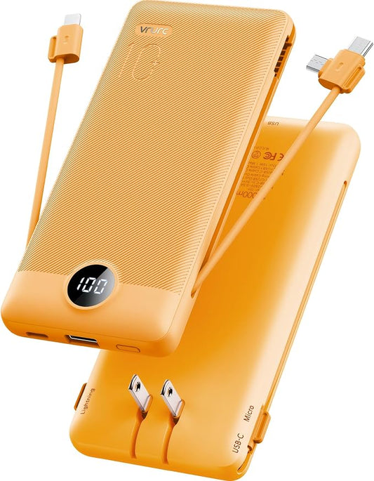 VRURC Portable Charger, Power Bank Built-in Cables and AC Wall Plug | USB C Power Bank 10000mAh Travel Essentials Phone Charger Compact External Battery Pack For Smart Phones, Tablets etc-Orange