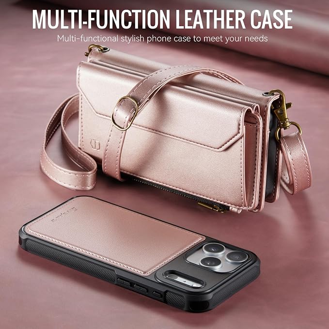 Strapurs for iPhone 17 Pro Detachable Wallet Case Compatible with Magsafe, RFID Blocking 9-Card Holder Zipper Wrist Strap Lanyard PU Leather Magnetic Phone Case for iPhone 17 Pro 6.3", Rose Gold