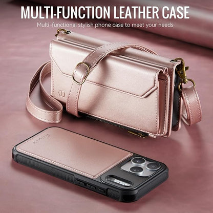 Strapurs for iPhone 17 Pro Max Detachable Wallet Case Compatible with Magsafe, RFID Blocking 9-Card Holder Zipper Strap Lanyard PU Leather Magnetic Phone Case for iPhone 17 Pro Max 6.9", Rose Gold