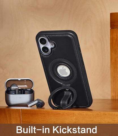 for iPhone 16 Leather Case with Stand, Anti-Slip Grip Ring, Fits for MagSafe (Black, iPhone 16)