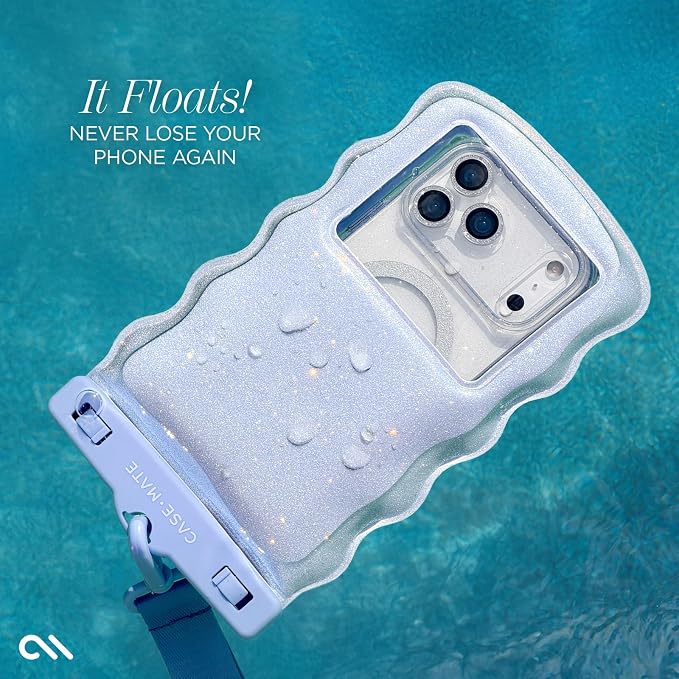 Case-Mate Wavy IP68 Waterproof Phone Pouch - Large Floating Phone Case w/Crossbody Lanyard - Cruise Ship Travel Essentials Compatible w/All Devices - Hidden Pocket for Card/Cash- Mist Twinkle
