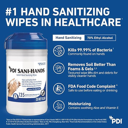 PDI Healthcare P13472 Sani-Hands Instant Hand Sanitizing Wipes, Medium, 6" x 7.5" (12 Canisters of 135 Wipes, 1620 Total)