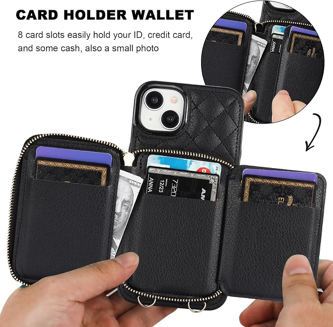 Bocasal Crossbody Wallet Case for iPhone 15 Plus, RFID Blocking PU Leather Zipper Handbag Purse Flip Cover, Kickstand Folio Case with Card Slots Holder Wrist Strap Lanyard 5G 6.7 Inch (Black)