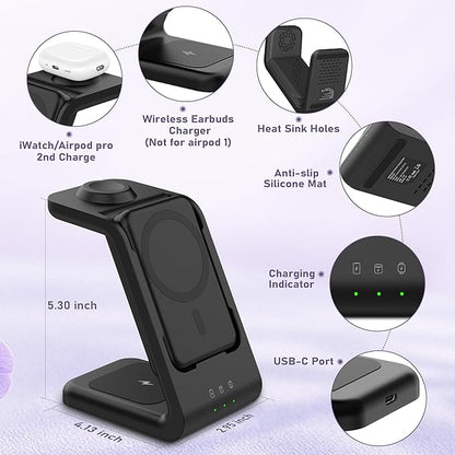 3 in 1 Wireless Charging Station: 5000mAh Removable Power Bank Charger Stand for Phone/Watch/Air Pods - Portable Magnetic Battery Pack for Air 17 16 15 14 13 12 Series