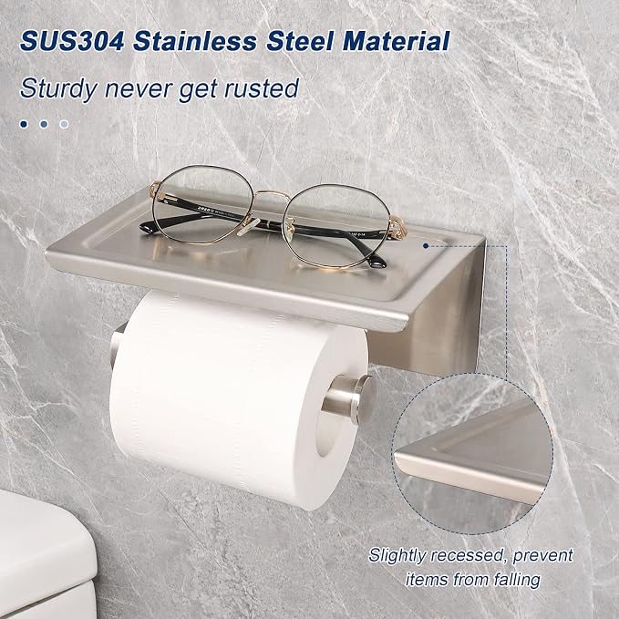 NearMoon Toilet Paper Holder with Shelf, Heavy Duty Bath Toilet Roll Holder with Phone Shelf Tissue Hanger for Bathroom/Kitchen No Drill or Wall Mounted(304 Stainless Steel, Brushed Nickel)