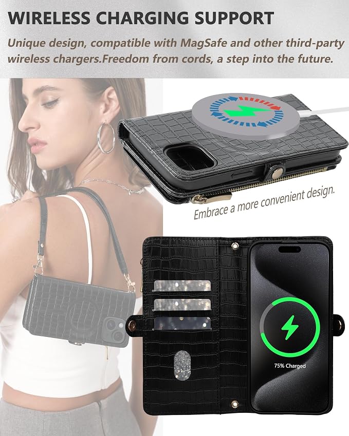 Crossbody Wallet Case for iPhone 13 with Mirror, Wrist Strap, Zipper Purse Magnetic Flip RFID Blocking Card Holder, Wireless Charging, PU Leather Shockproof 6.1" Women (Black)