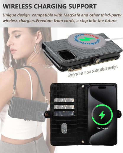 Crossbody Wallet Case for iPhone 13 with Mirror, Wrist Strap, Zipper Purse Magnetic Flip RFID Blocking Card Holder, Wireless Charging, PU Leather Shockproof 6.1" Women (Black)