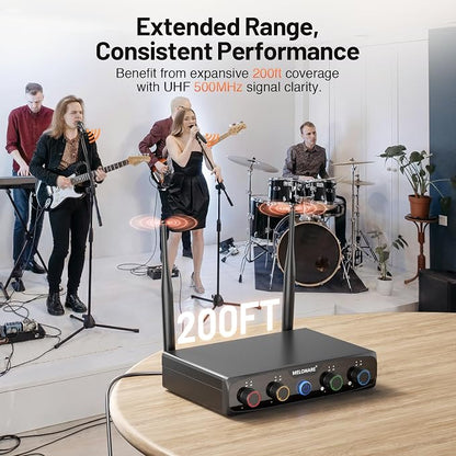 4-Channel Wireless Microphone System, UHF Compact Cordless Mic Set w/ 4x10 Frequencies, 200ft Range, Dynamic Handheld Microphone for Singing, Karaoke, Church, DJ, Wedding (MWM-41-4H)
