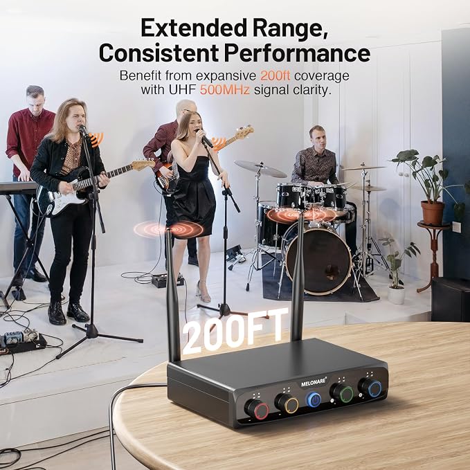 4-Channel Wireless Microphone System,UHF Cordless Mic Set w/ 4x10 Frequencies, 200ft, 2 Handheld Dynamic Mics, 2 Bodypacks & Headset/Lapel Microphones for Singing, Karaoke, DJ (MWM-41-2H2B)
