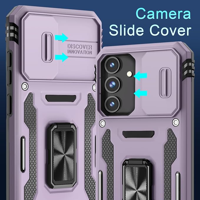 DEERLAMN Case for Samsung Galaxy S25 6.2-Inch with Slide Camera Cover+Screen Protector (1 Pack), Rotated Ring Kickstand Military Grade Shockproof Protective Cover-Deep Purple
