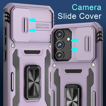 DEERLAMN Case for Samsung Galaxy S25 6.2-Inch with Slide Camera Cover+Screen Protector (1 Pack), Rotated Ring Kickstand Military Grade Shockproof Protective Cover-Deep Purple