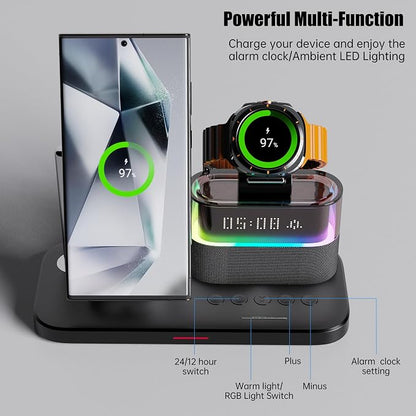 Magnetic Charger for Samsung, 5 in 1 Wireless Charging Station with Alarm Clock for Samsung Galaxy S25 Ultra/S24/S23/S22, Galaxy Watch 8/7/6/4/5, Galaxy Buds/Pro, Black