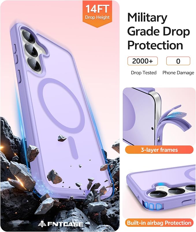 FNTCASE for Samsung Galaxy S25/S24 Plus Case, Fit Magsafe, Screen Protector | Translucent Matte Magnetic Back, 14FT Military Grade Drop Protection, Shockproof Protective Phone Cover, Light Purple