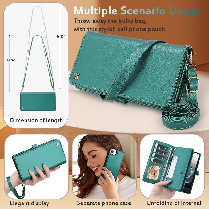 for Wallet Case Compatible with iPhone 16e / 17e,Multi-Function Detachable 2 in 1 Magnetic iPhone 16e/17e Wallet,Flip Strap Zipper Card Holder Phone Case with Shoulder Straps (Green)