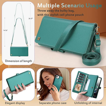for Wallet Case Compatible with iPhone 16e / 17e,Multi-Function Detachable 2 in 1 Magnetic iPhone 16e/17e Wallet,Flip Strap Zipper Card Holder Phone Case with Shoulder Straps (Green)