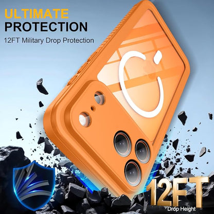 ANTSHARE for iPhone 17 Pro Max Case, Compatible with Magsafe, IP68 Waterproof Case, [Built-in Screen Protector] - 12 FT Military Dropproof - Full Body Heavy Duty Rugged Phone Cover - Orange/Clear