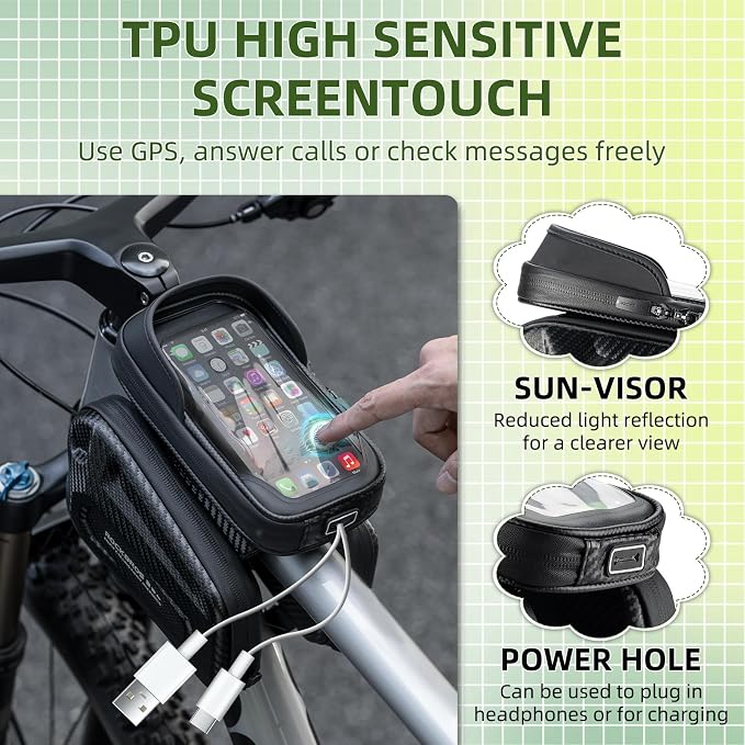 ROCKBROS Top Tube Bike Bag, Waterproof Bike Frame Bag, 1.3L Capacity Bike Phone Bag with Sun-Visor, TPU Sensitive Touch Screen Bicycle Phone Bag for Cell Phone Below 7.4”×4.2”