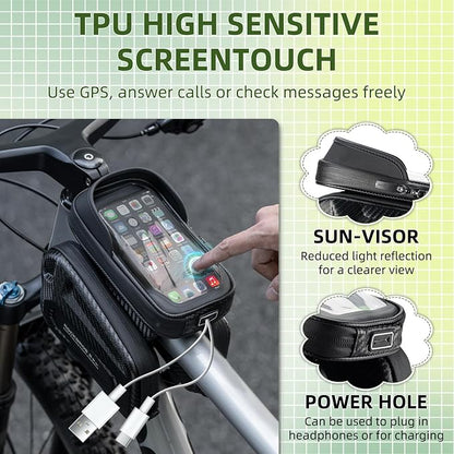 ROCKBROS Top Tube Bike Bag, Waterproof Bike Frame Bag, 1.3L Capacity Bike Phone Bag with Sun-Visor, TPU Sensitive Touch Screen Bicycle Phone Bag for Cell Phone Below 7.4”×4.2”