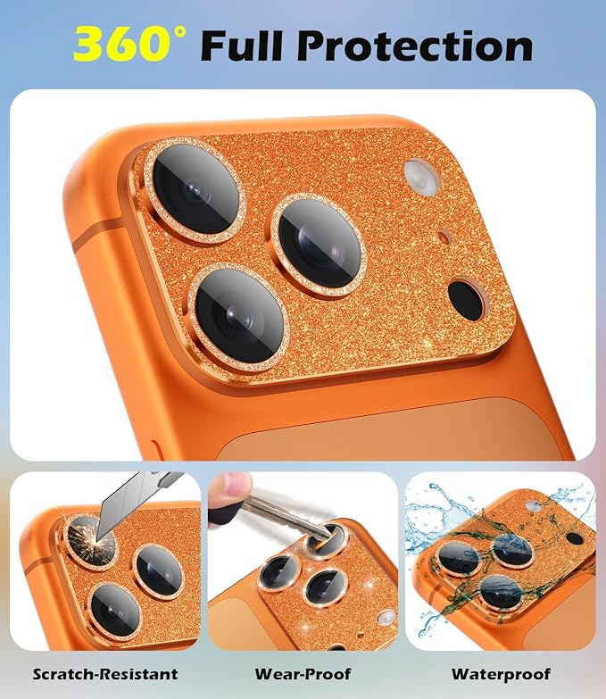 imluckies Compatible with iPhone 17 Pro Camera Lens Protector Bling, Ultra HD Tempered Glass Shiny Diamond Camera Plate Sparkle Screen Protection, 9H Anti-Scratch & Easy Install, Glitter Orange