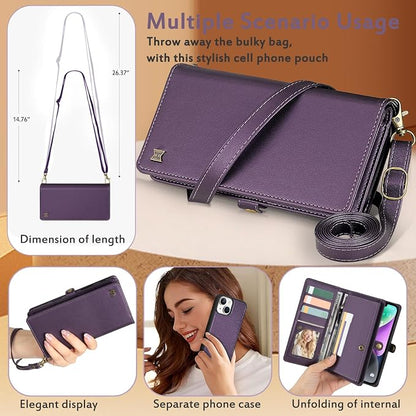 for Wallet Case Compatible with iPhone 14,Multi-Function Detachable 2 in 1 Magnetic iPhone 14 Case Wallet,Flip Strap Zipper Card Holder Phone Case with Shoulder Straps (Pruple)