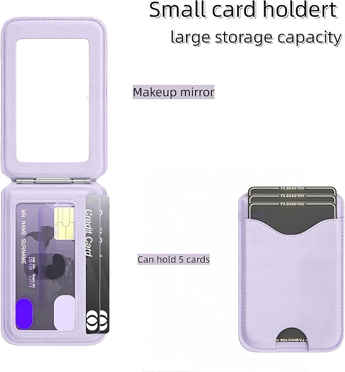 Upgraded for Magsafe Wallet, Strong Magnetic Phone Wallet with Adjustable Stand, Built in Makeup Mirror, 5 Card Holder, Rfid Blocking (Light Purple Fold)