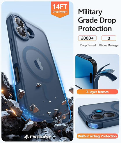 FNTCASE for iPhone 17 Case: [Compatible with Magsafe] Translucent Matte Cases with [Full Camera Protection] [Screen Protector] Military Grade Shockproof Protective Phone Cover - Blue