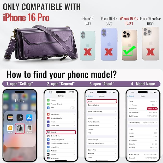 Strapurs Wallet Case Compatible with iPhone 16 Pro 6.3" RFID Blocking 10-Card Holder Soft PU Leather Magnetic Snap Shoulder Strap Zipper Pocket Phone Case Fit for iPhone 16 Pro for Women - Purple