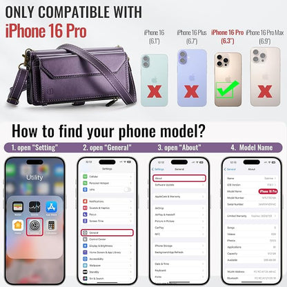 Strapurs Wallet Case Compatible with iPhone 16 Pro 6.3" RFID Blocking 10-Card Holder Soft PU Leather Magnetic Snap Shoulder Strap Zipper Pocket Phone Case Fit for iPhone 16 Pro for Women - Purple