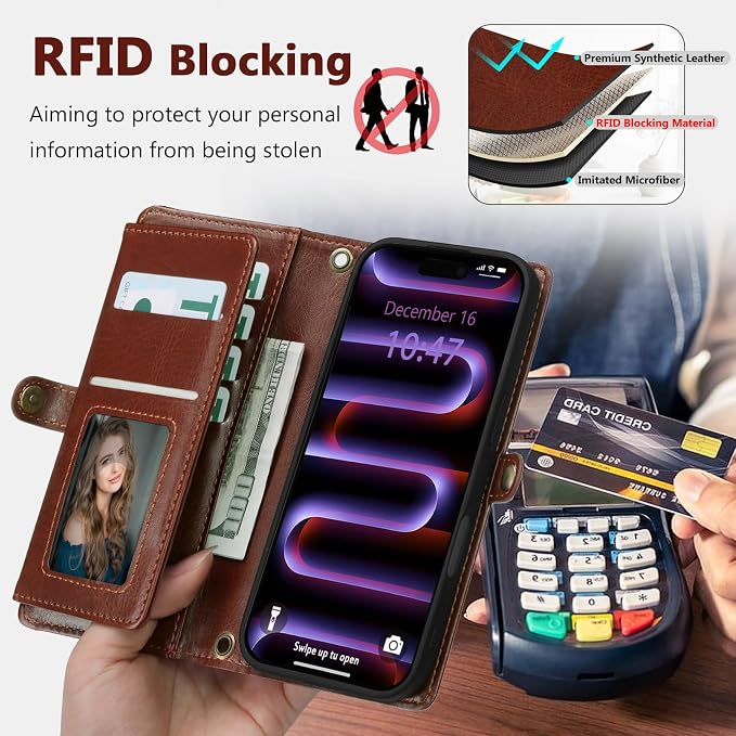 Wallet Case for iPhone 16 Pro Max with Card Holder/Crossbody Wallet/Strap| RFID Blocking | Magnetic | Kickstand | Detachable | PU Leather Phone Case for iPhone 16 Pro Max,6.9 in,Brown