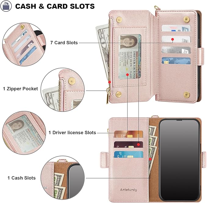 Antsturdy Compatible with iPhone 16 Plus Wallet Case,RFID Blocking PU Leather Phone Case Women Men Kickstand flip Cover Wrist Strap Zipper Credit Card Holder Slots for Apple 16 Plus 6.7",Rose Gold