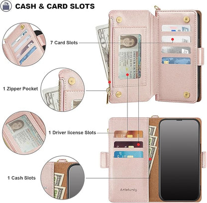 Antsturdy Compatible with iPhone 16 Plus Wallet Case,RFID Blocking PU Leather Phone Case Women Men Kickstand flip Cover Wrist Strap Zipper Credit Card Holder Slots for Apple 16 Plus 6.7",Rose Gold