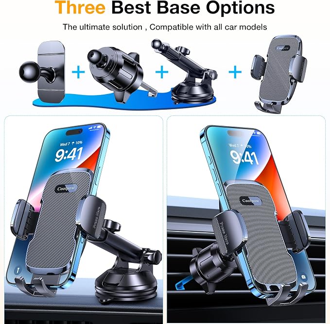 Coolpow 3-in-1 Car Phone Holder Mount【Strongest Suction & Military-Grade】Cell Phone Holders for Your Car Phone Holder Hands Free Camera Mount for for iPhone 17–12, Comfortable Natural Video Recording