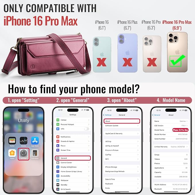 Strapurs Wallet Case Compatible with iPhone 16 Pro Max 6.9" RFID Blocking 10-Card Holder Soft PU Leather Magnetic Snap Shoulder Strap Zipper Pocket Phone Case Fit for iPhone 16 Pro Max - Wine Red