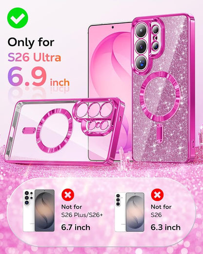 Meifigno Magnetic Case Designed for Samsung Galaxy S26 Ultra 6.9", [Compatible with MagSafe] [Removable Glitter Card & Wrist Strap], Surround Lens Protection Case for Galaxy S26 Ultra, Hot Pink