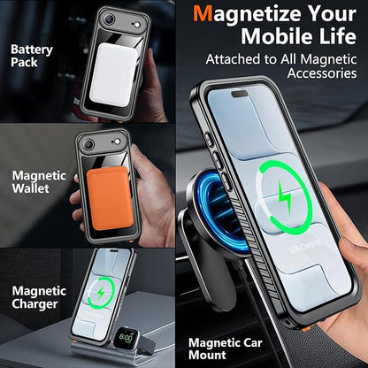 SPIDERCASE Magnetic for iPhone Air Case Waterproof, Built-in Lens & Screen Protector,[IP68 Underwater][15FT Military Shockproof] [Dustproof] Full Body Protection Cover for iPhone 17 Air 6.5’’,Black