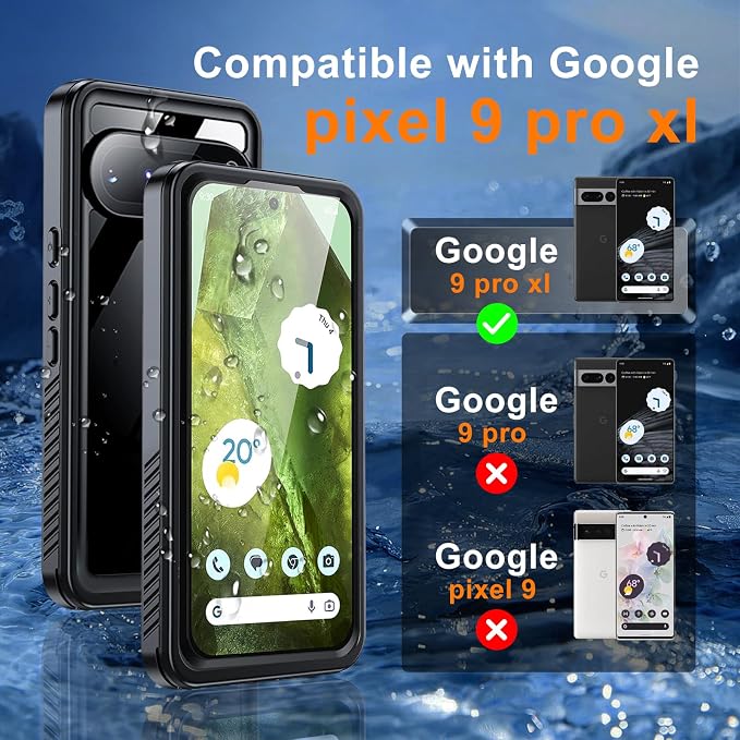 Hualele Pixel 9 Pro XL Case Waterproof Built-in Screen Protector and Lens Protector, IP68 Underwater Rugged Full Body Shockproof Anti-Scratched Durable Phone Case for Google Pixel 9 Pro XL Black/Clear