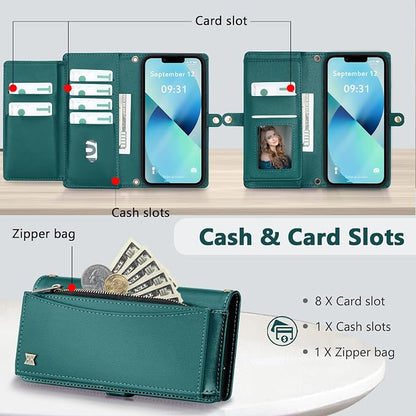 Wallet Case for iPhone 13 with Card Holder/Crossbody Wallet/Strap| RFID Blocking | Magnetic | Kickstand | Detachable | PU Leather Phone Case for iPhone 13,6.1 in,Green